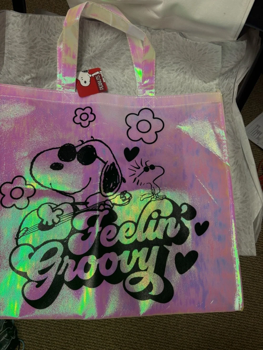 Peanuts Iridescent Pink Tote Bag with Snoopy Graphic and Matching Pouches - Picture 5 of 5